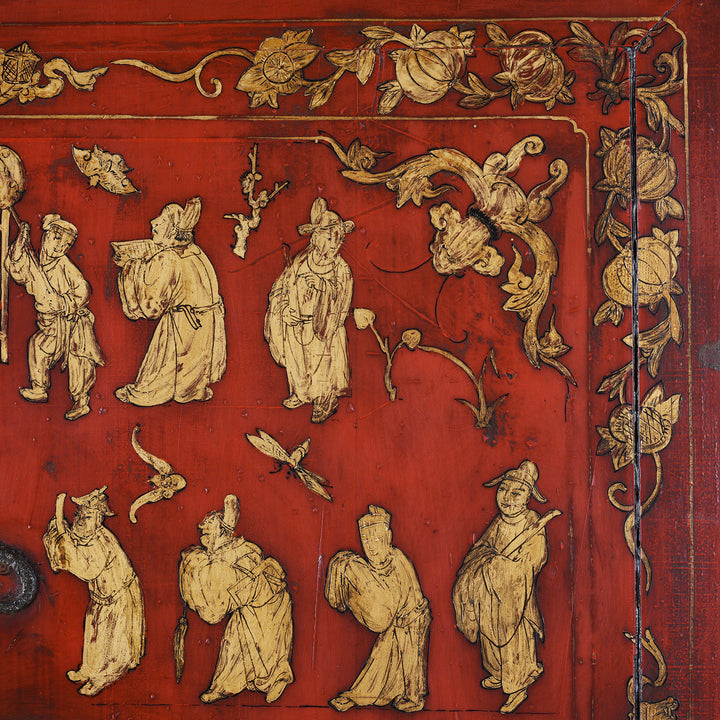 Gilt Artwork Detail From 19th Century Red Lacquer Chinese Wedding Cabinet From Zhejiang Province With Gilt Figure Decoration