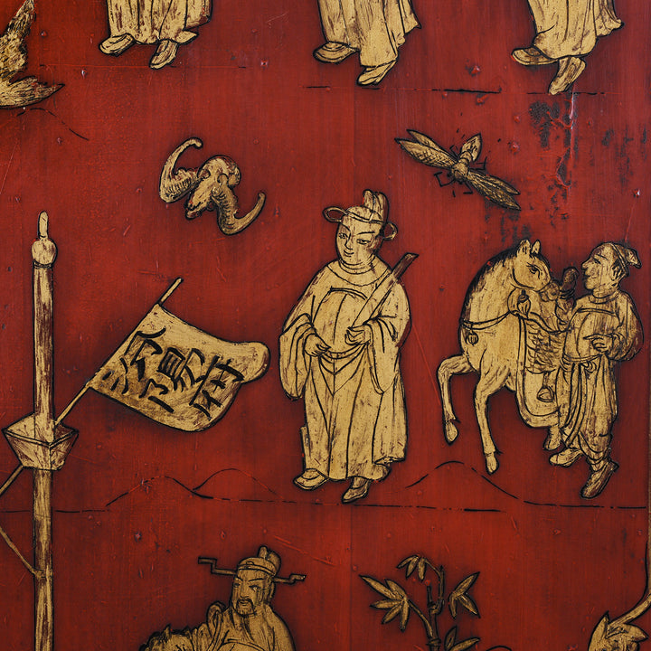 Gilt Artwork Detail From 19th Century Red Lacquer Chinese Wedding Cabinet 