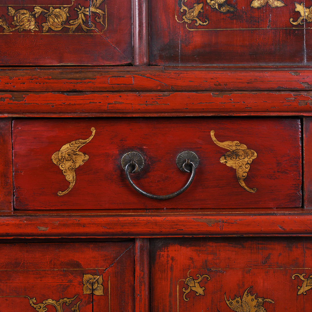 Drawer Arttwork Detail From 19th Century Red Lacquer Chinese Wedding Cabinet 