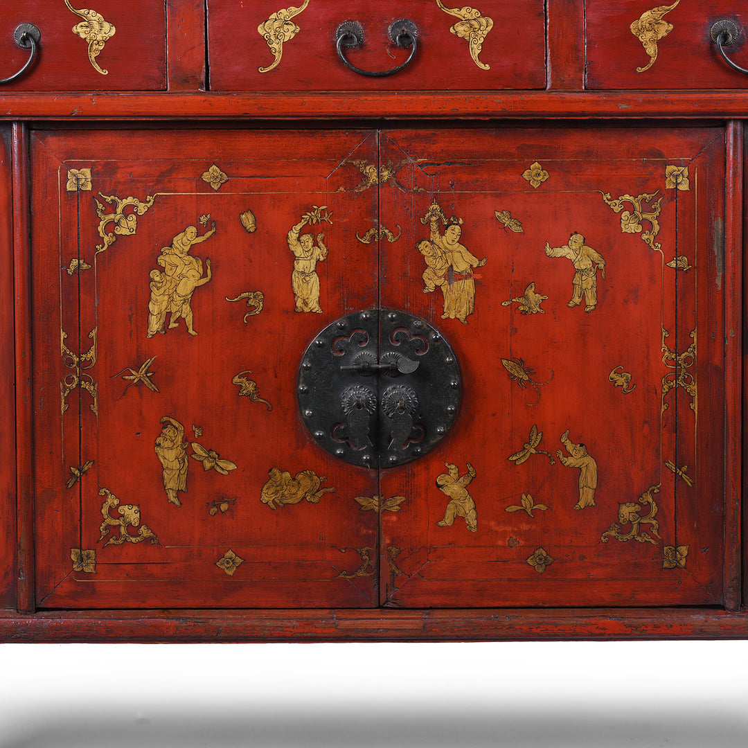 Lower Section Detail From 19th Century Red Lacquer Chinese Wedding Cabinet From Fujian Province With Gilt Figure