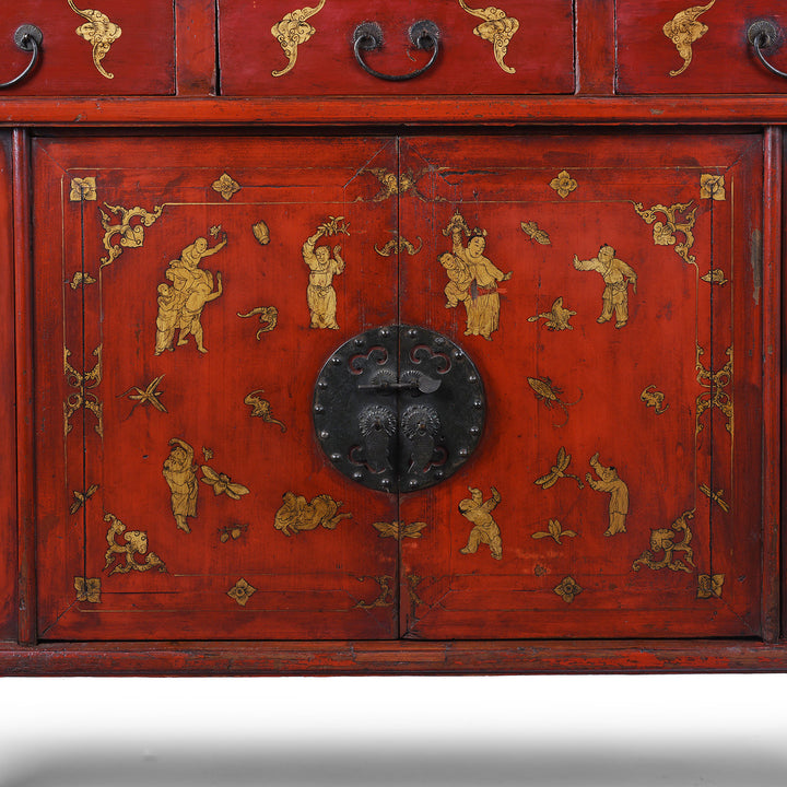 Lower Section Detail From 19th Century Red Lacquer Chinese Wedding Cabinet From Fujian Province With Gilt Figure