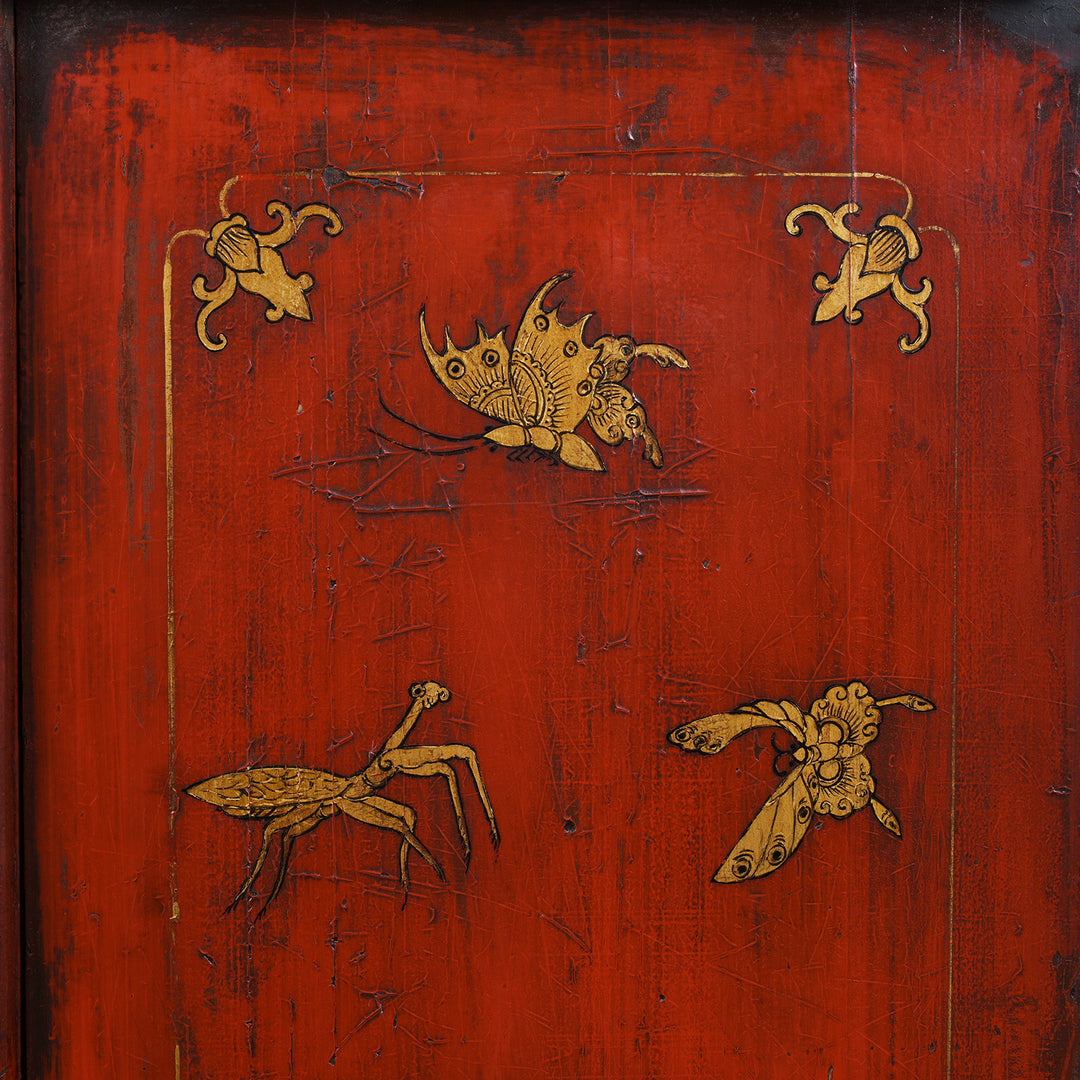 Artowork Detail From 19th Century Red Lacquer Chinese Wedding Cabinet 