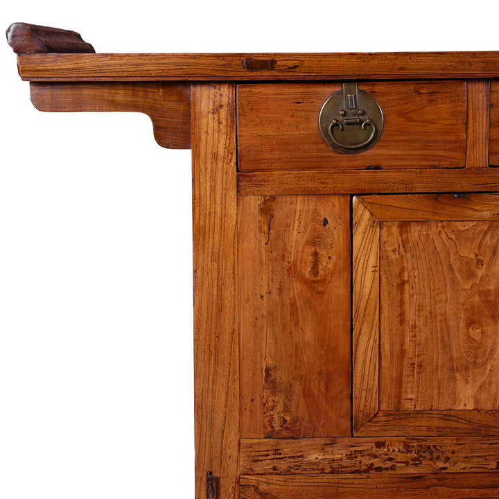 Corner Detail From Peking Ming Style Sideboard With Brass Fittings And Altar Top In Warm Patinated Wood