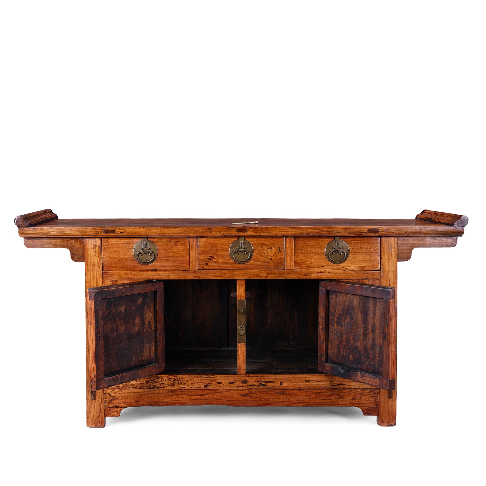 Open Doors View Of Peking Ming Style Sideboard With Brass Fittings And Altar Top In Warm Patinated Wood
