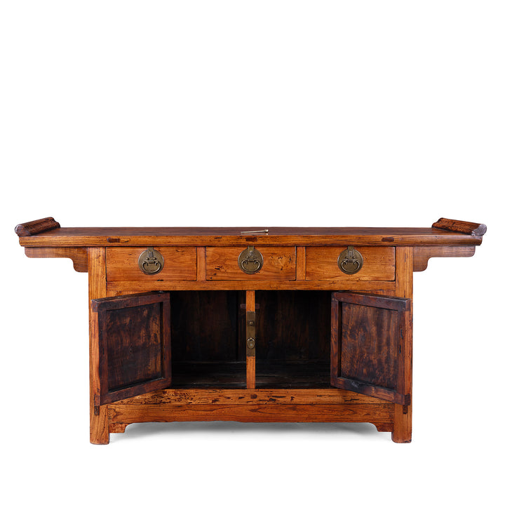 Open Doors View Of Peking Ming Style Sideboard With Brass Fittings And Altar Top In Warm Patinated Wood