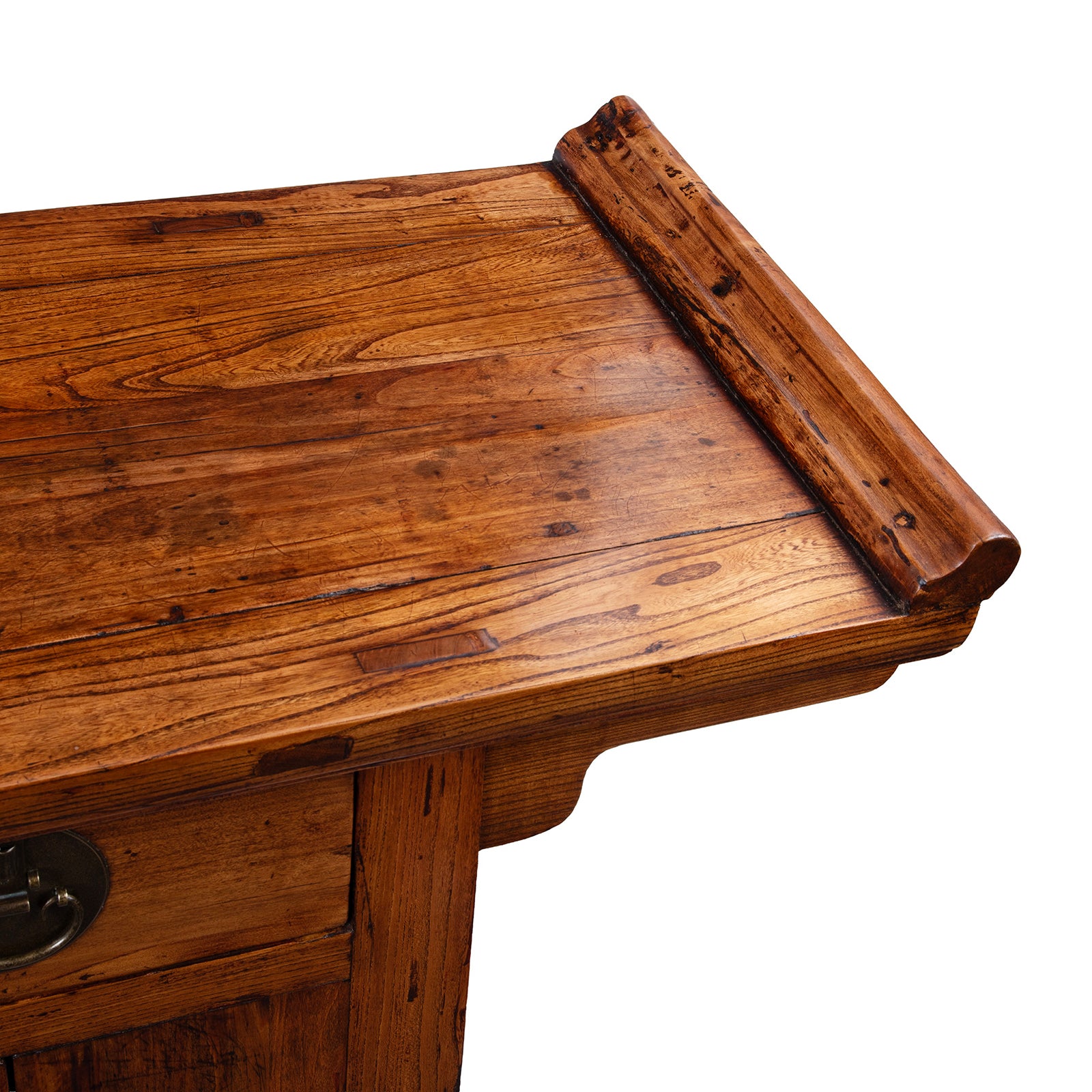 Scroll End Detail From Peking Ming Style Sideboard With Brass Fittings And Altar Top In Warm Patinated Wood