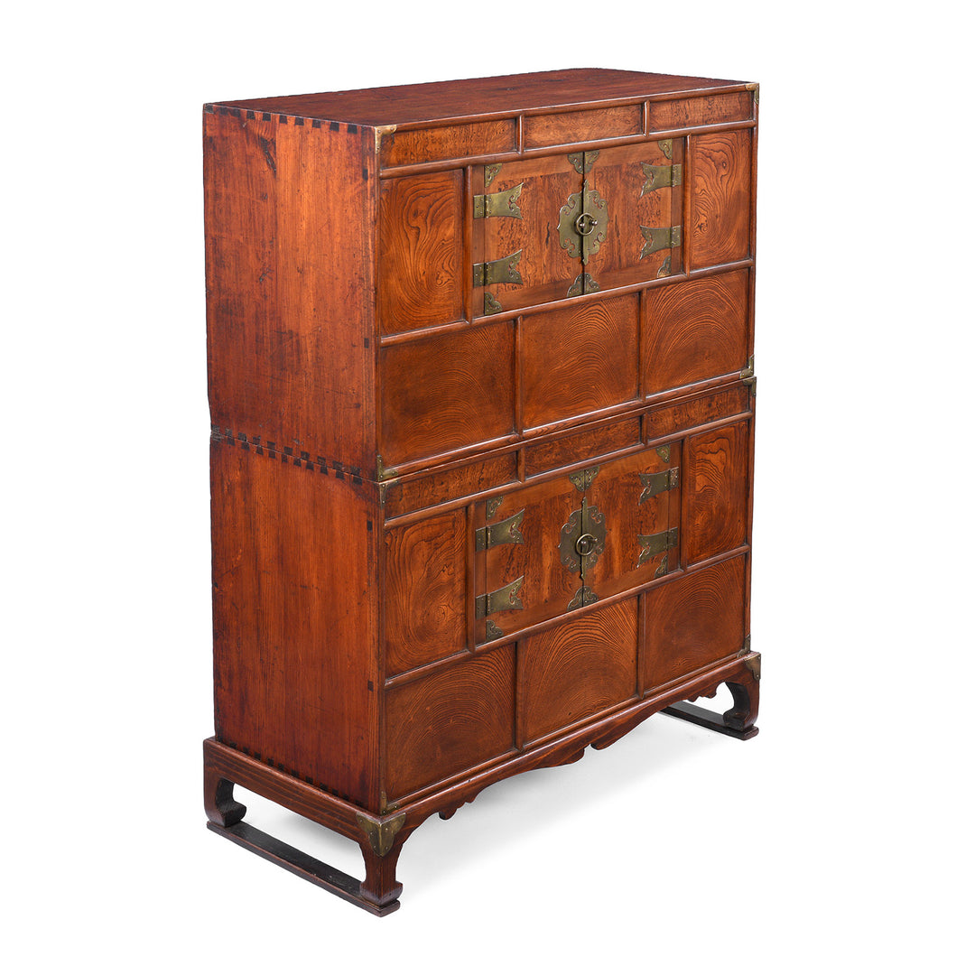 Angled View Of Late 19th Century Korean Ich Ung Nong Cabinet In Paulownia Wood With Brass Mounts