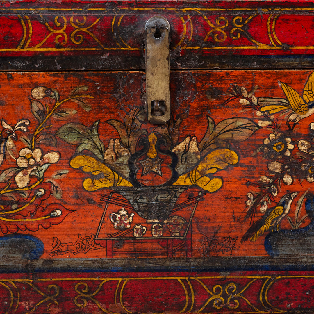 Paintwork Close Up Of Painted Mongolian Influenced Chest From Gansu Province China With Floral And Bird Motifs Late 19th Century