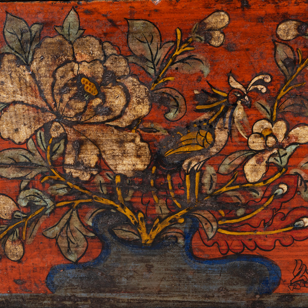 Floral Motif On Painted Mongolian Influenced Chest From Gansu Province China With Floral And Bird Motifs Late 19th Century