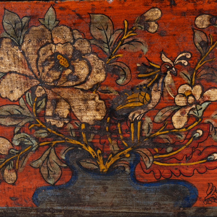 Floral Motif On Painted Mongolian Influenced Chest From Gansu Province China With Floral And Bird Motifs Late 19th Century