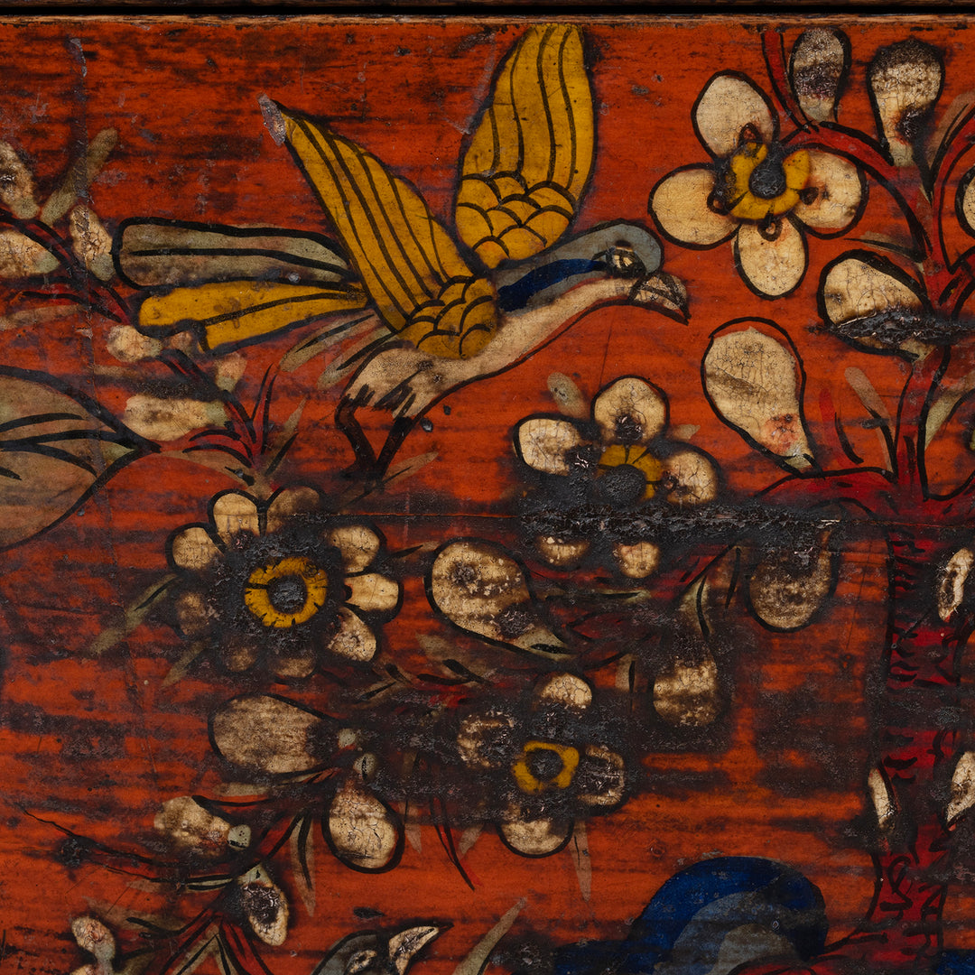 Bird Motif On Painted Mongolian Influenced Chest From Gansu Province China With Floral And Bird Motifs Late 19th Century