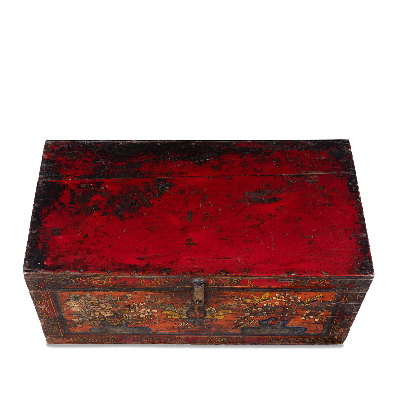 Top Down View Of Painted Mongolian Influenced Chest From Gansu Province China With Floral And Bird Motifs Late 19th Century