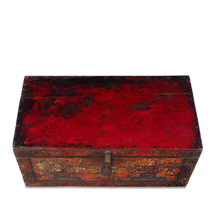 Top Down View Of Painted Mongolian Influenced Chest From Gansu Province China With Floral And Bird Motifs Late 19th Century