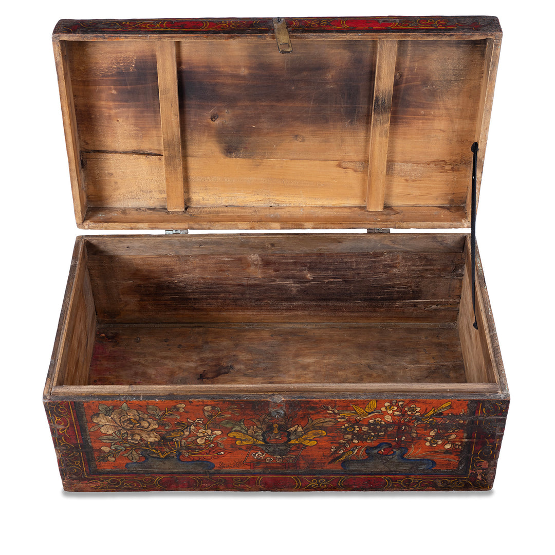 Internal View Of Painted Mongolian Influenced Chest From Gansu Province China With Floral And Bird Motifs Late 19th Century