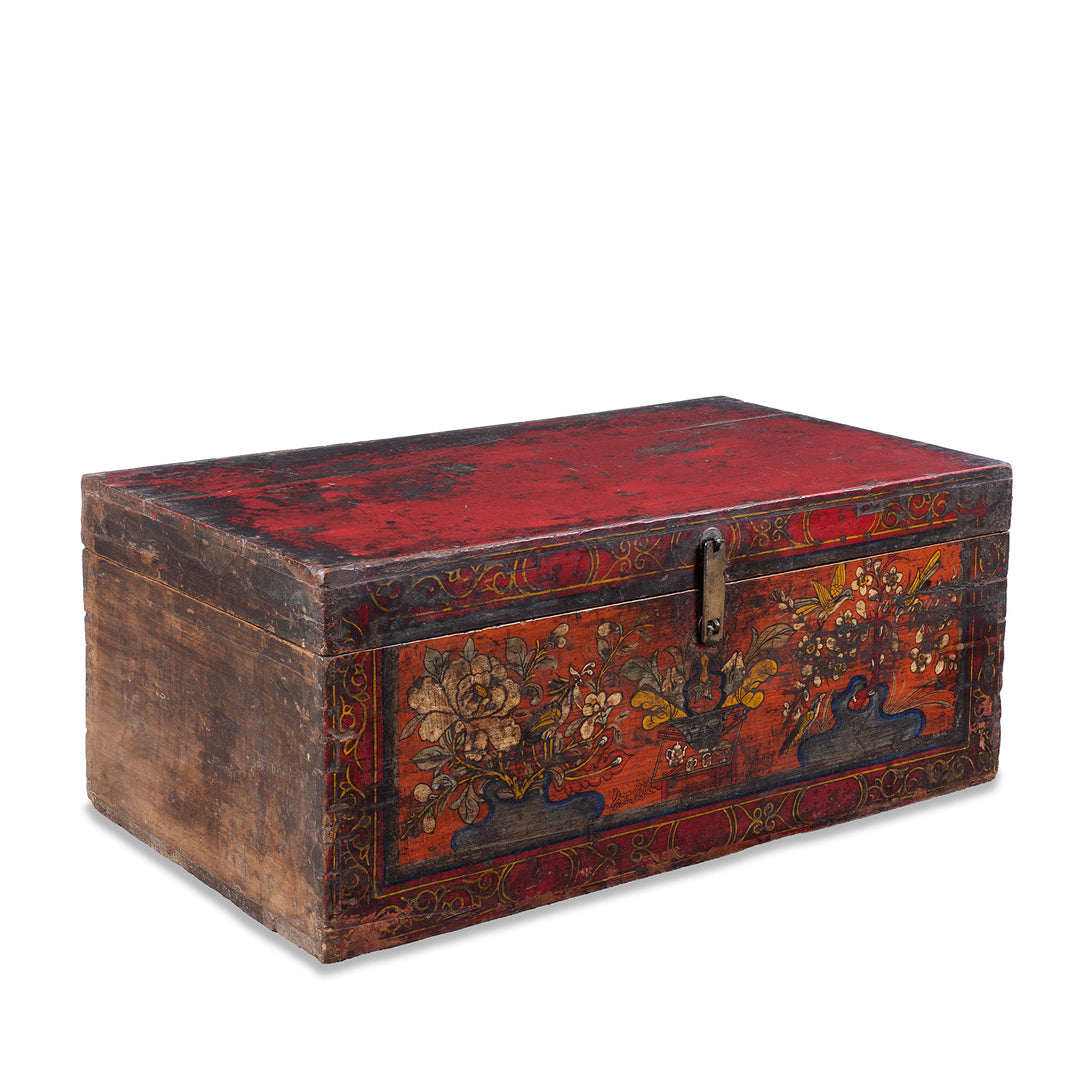Angled View Of Painted Mongolian Influenced Chest From Gansu Province China With Floral And Bird Motifs Late 19th Century