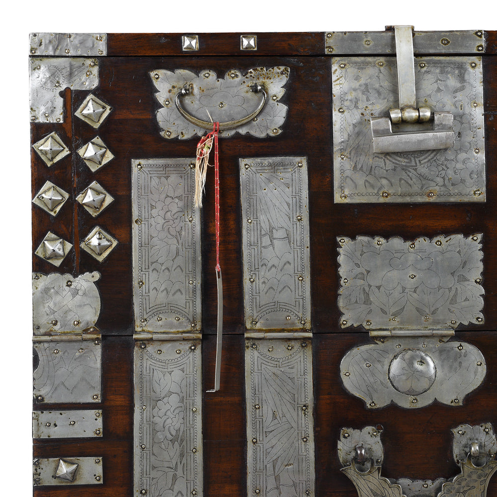 Corner Detail From Nineteenth Century Korean Bandaji Chest With Engraved Brass Mounts Late Joseon Dynasty