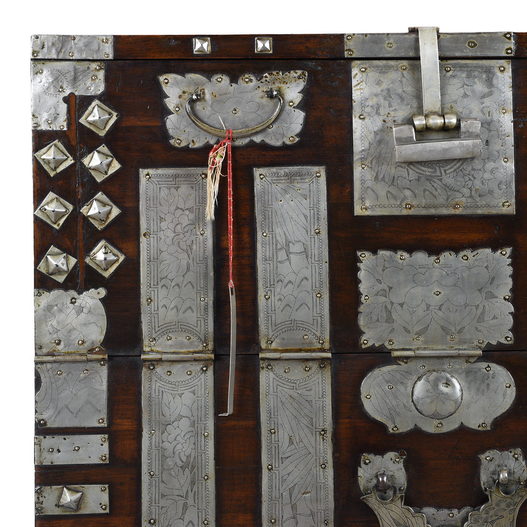 Corner Detail From Nineteenth Century Korean Bandaji Chest With Engraved Brass Mounts Late Joseon Dynasty