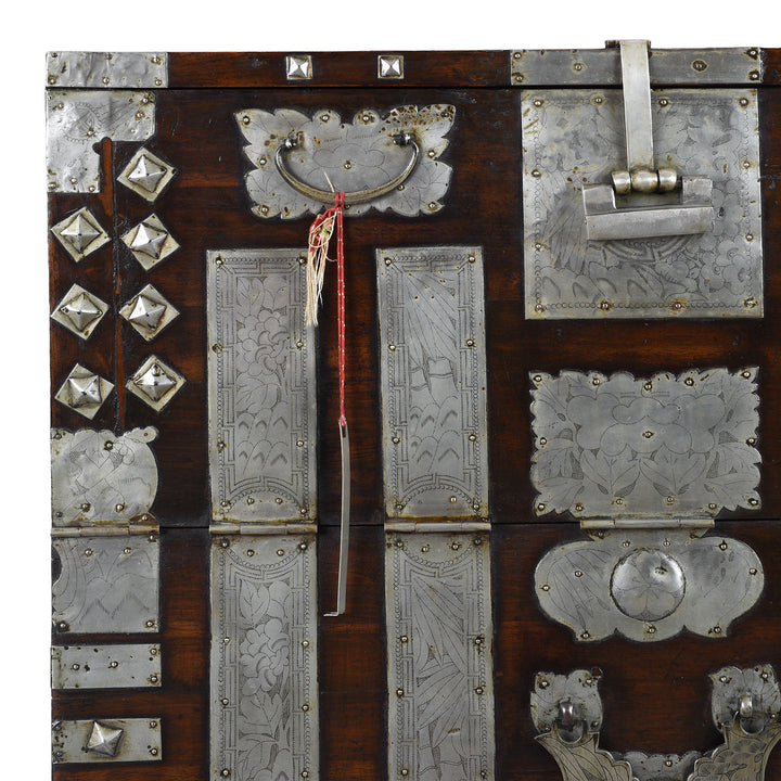 Corner Detail From Nineteenth Century Korean Bandaji Chest With Engraved Brass Mounts Late Joseon Dynasty