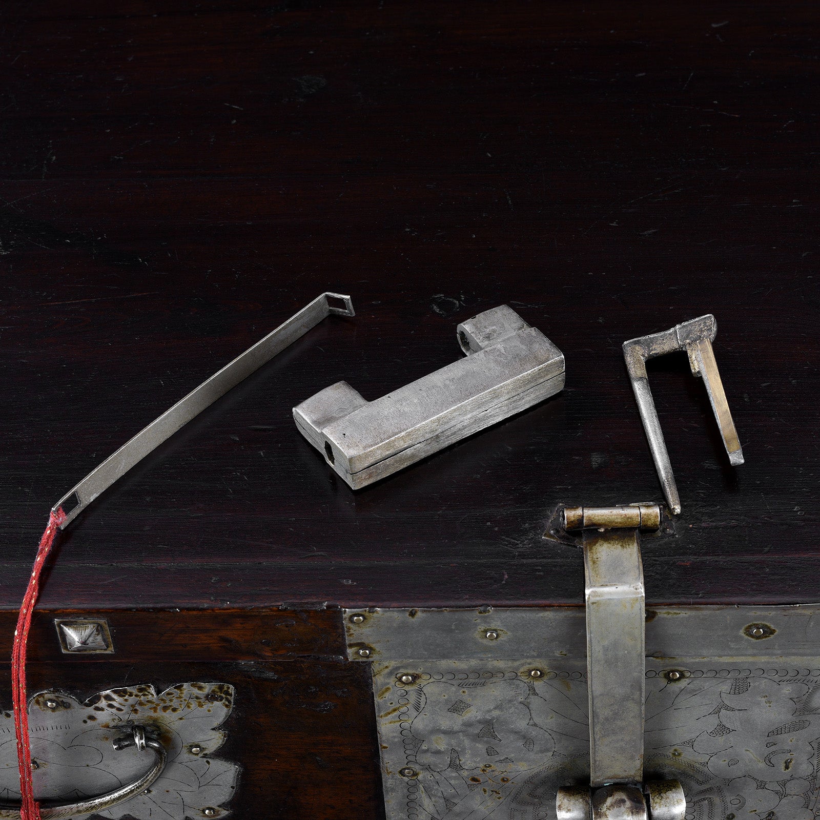 Lock And Key Detail From Nineteenth Century Korean Bandaji Chest With Engraved Brass Mounts Late Joseon Dynasty