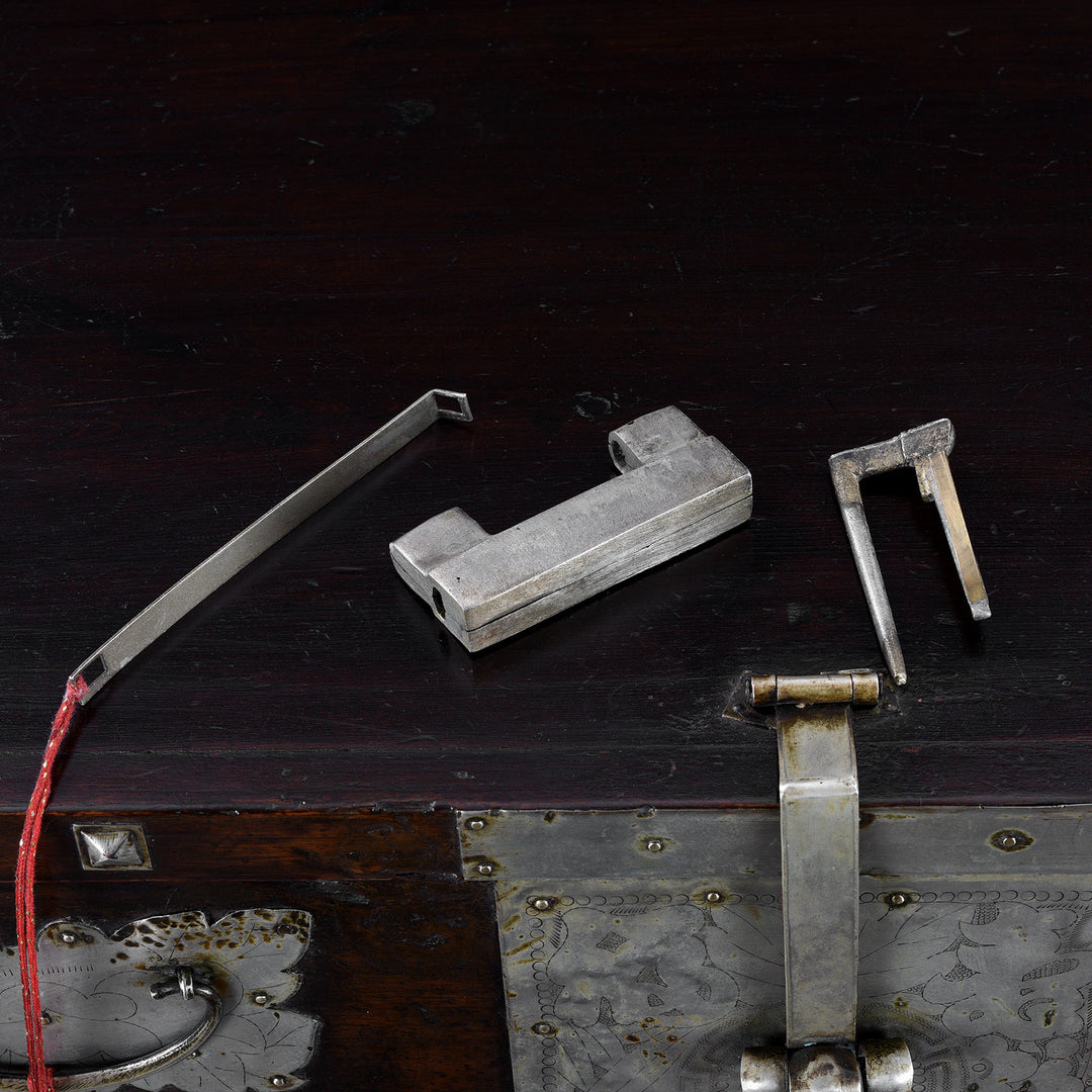 Lock And Key Detail From Nineteenth Century Korean Bandaji Chest With Engraved Brass Mounts Late Joseon Dynasty