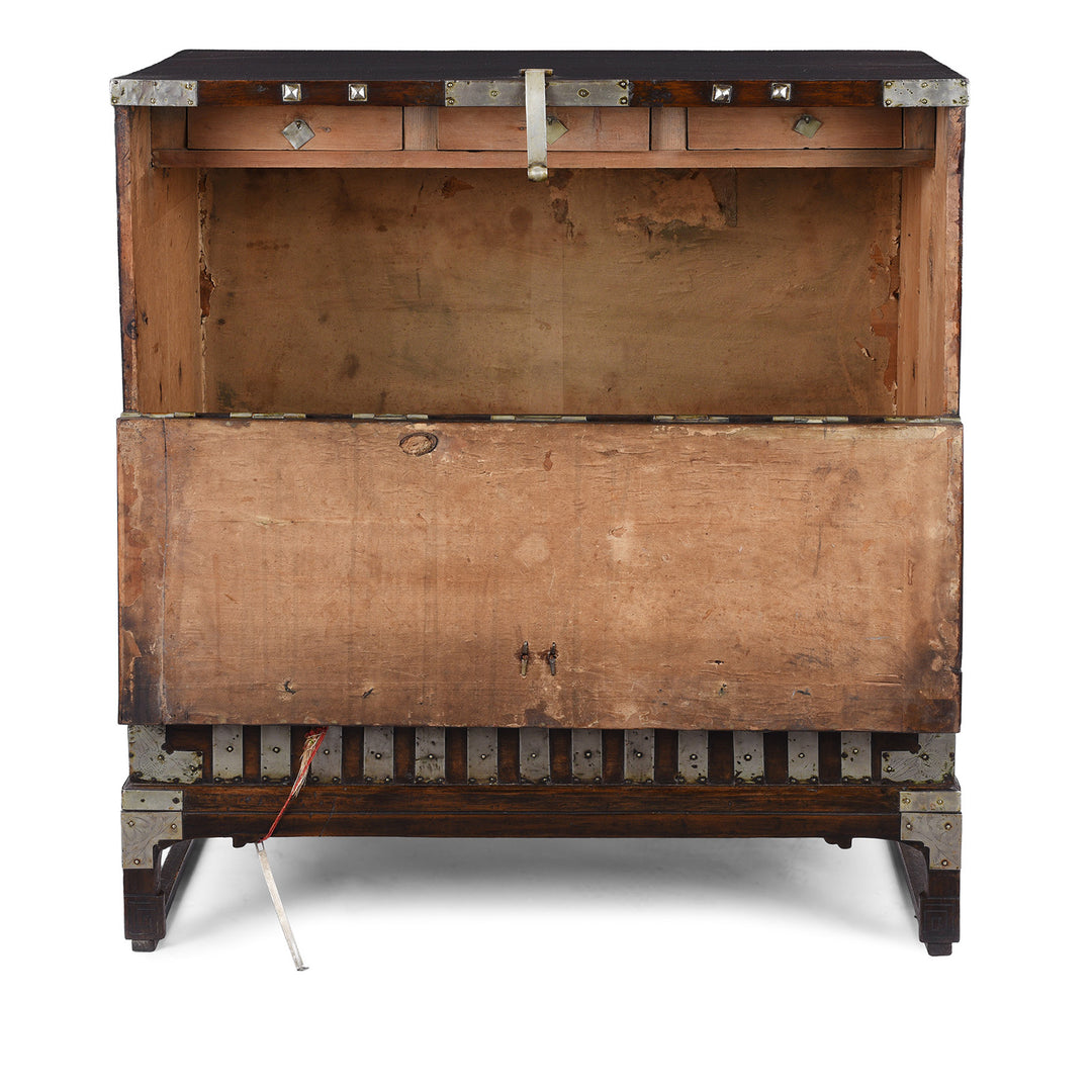 Open View Of Nineteenth Century Korean Bandaji Chest With Engraved Brass Mounts Late Joseon Dynasty