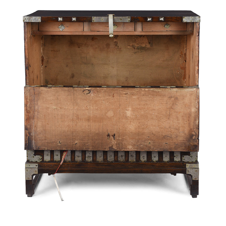 Open View Of Nineteenth Century Korean Bandaji Chest With Engraved Brass Mounts Late Joseon Dynasty