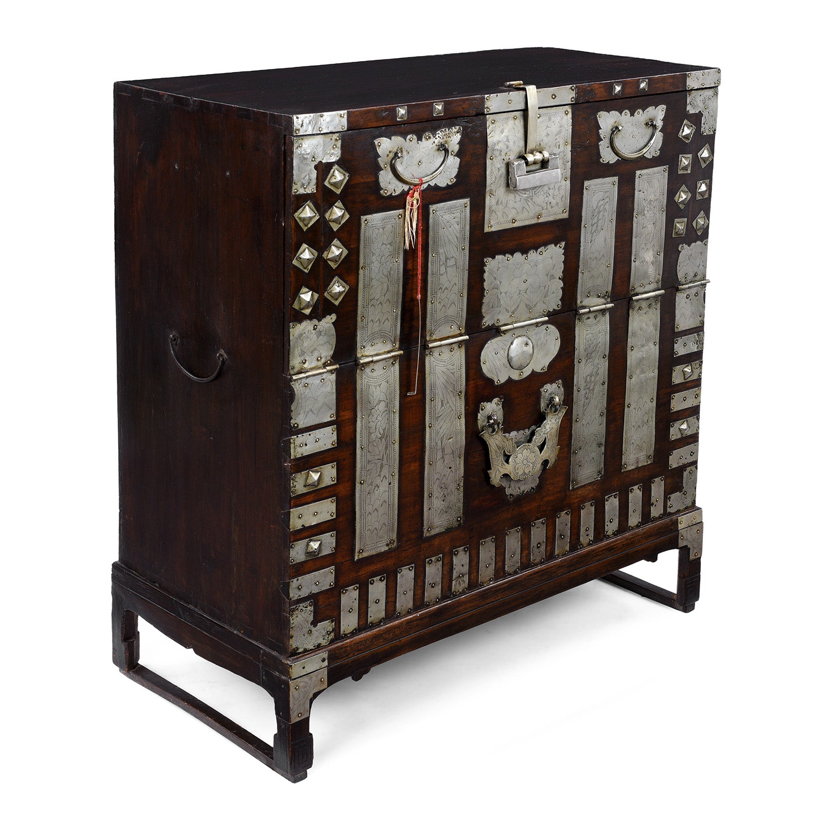 Angled View Of Nineteenth Century Korean Bandaji Chest With Engraved Brass Mounts Late Joseon Dynasty