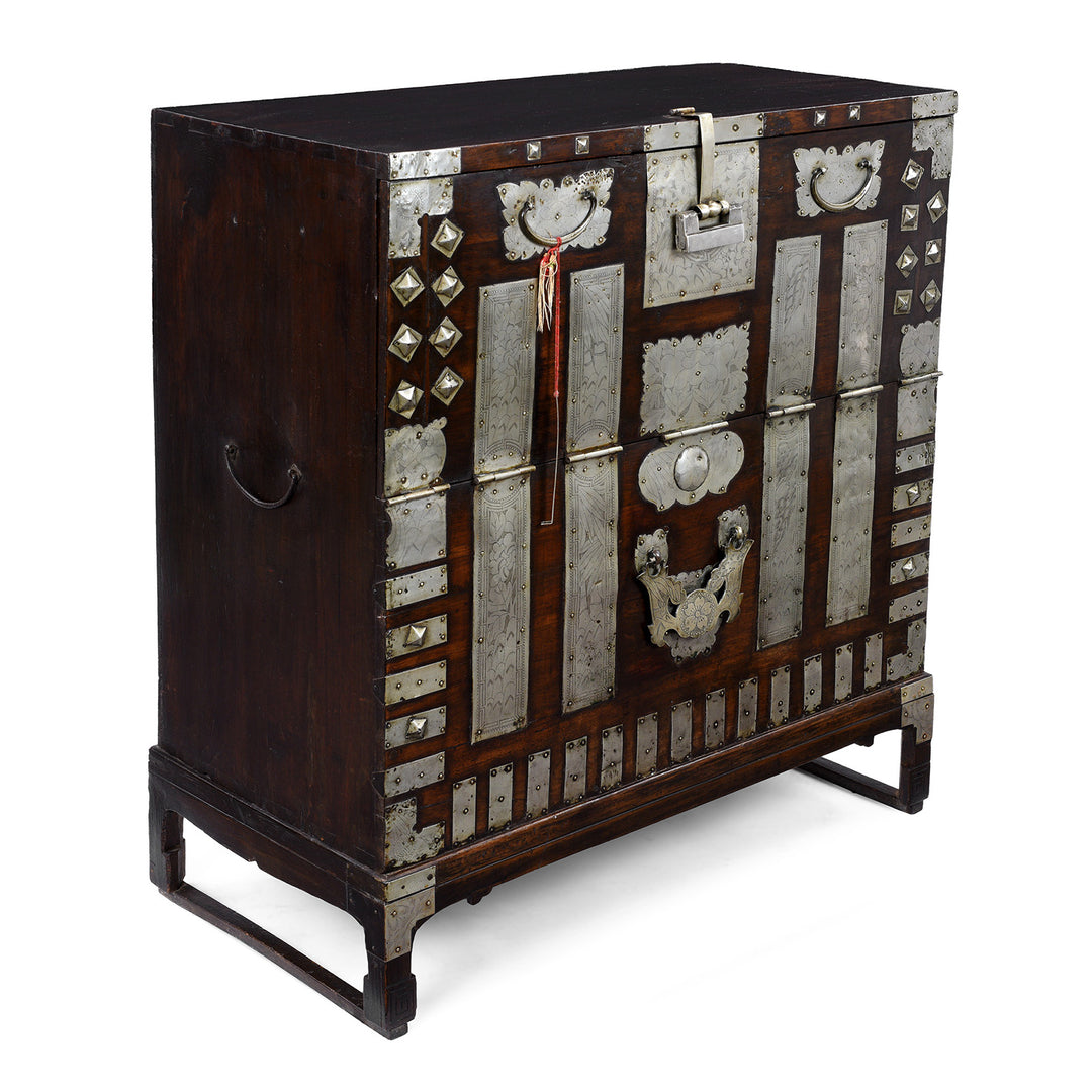 Angled View Of Nineteenth Century Korean Bandaji Chest With Engraved Brass Mounts Late Joseon Dynasty