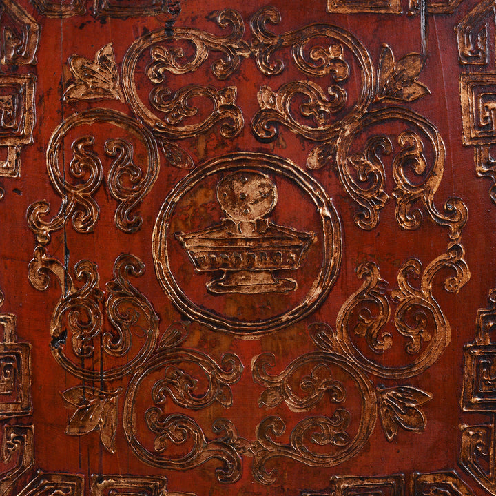 Auspicious Mirror raised kyungbur gesso on Painted Red & Gold Tibetan Altar Cabinet