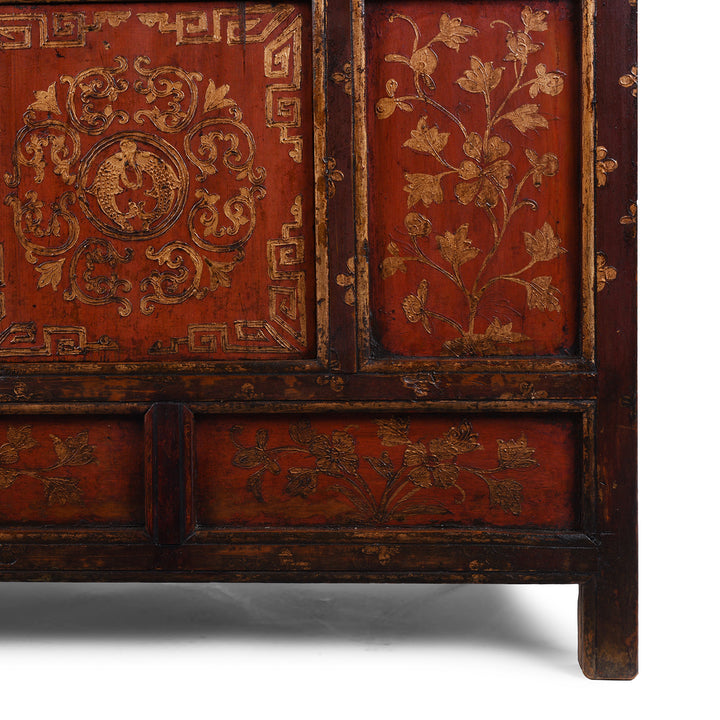 Bottom Corner Detail From Nineteenth Century Tibetan Red And Gold Painted Altar Cabinet