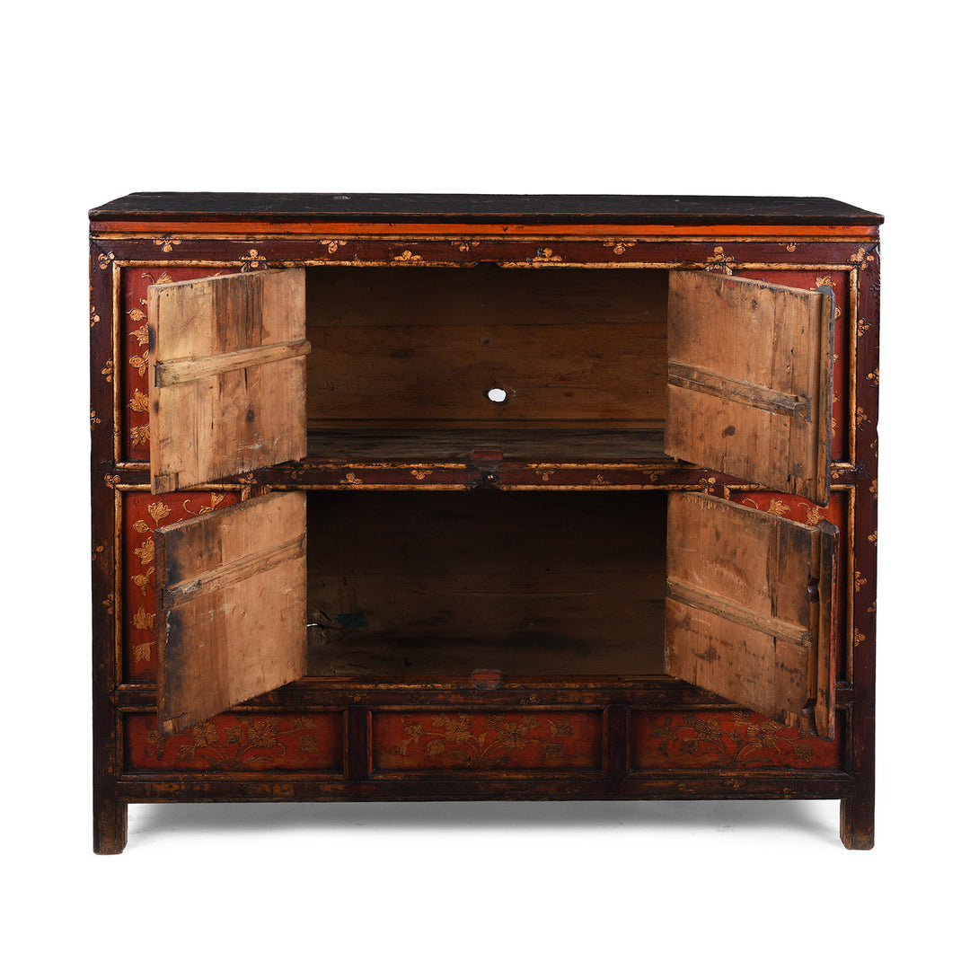 Open Doors View Of Nineteenth Century Tibetan Red And Gold Painted Altar Cabinet