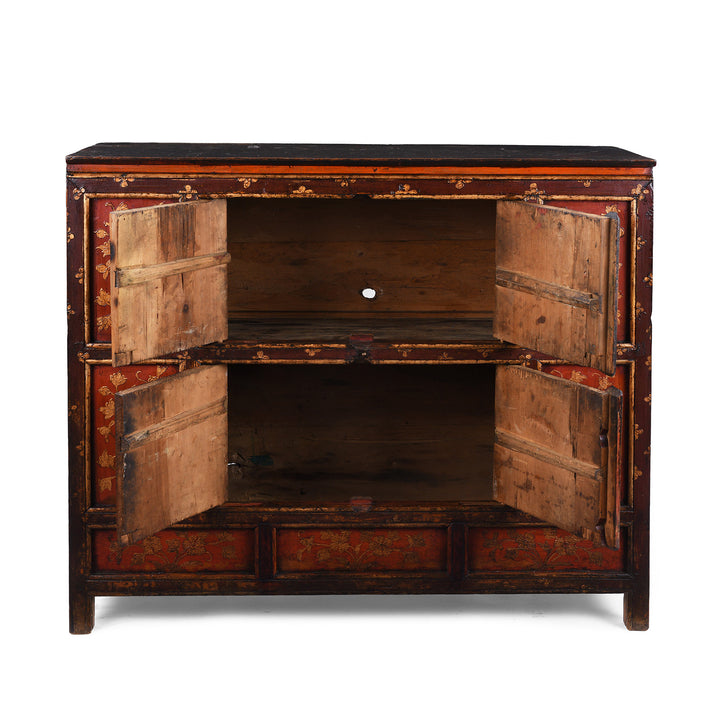 Open Doors View Of Nineteenth Century Tibetan Red And Gold Painted Altar Cabinet