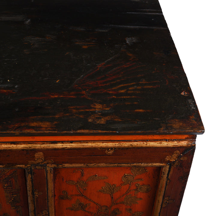Top Detail From Nineteenth Century Tibetan Red And Gold Painted Altar Cabinet