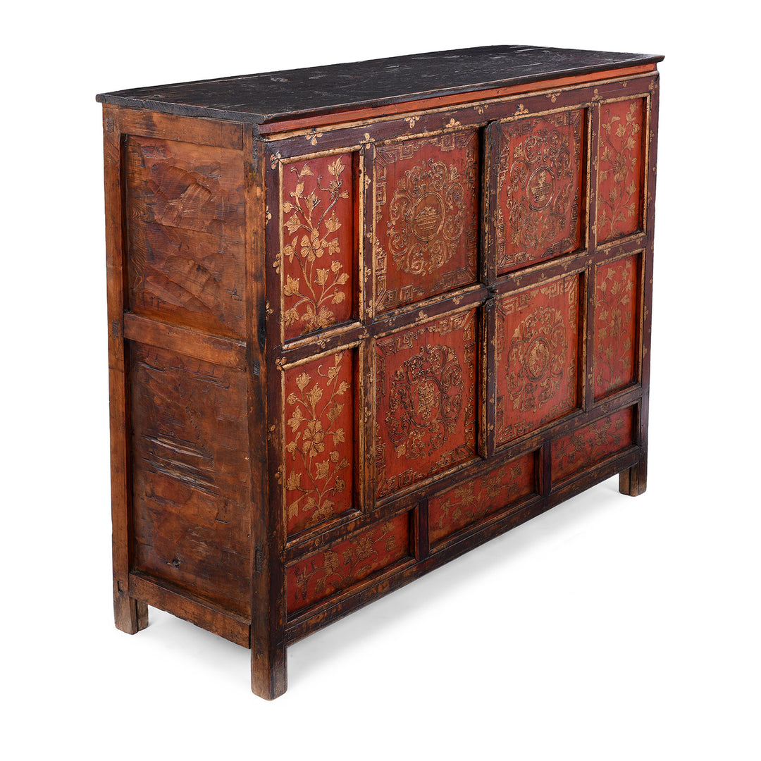 Angled View Of Nineteenth Century Tibetan Red And Gold Painted Altar Cabinet