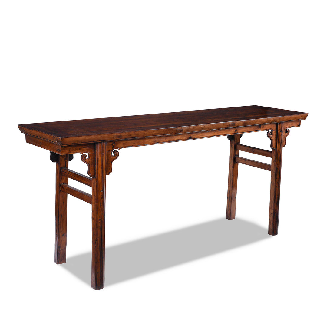 Angled VIew Of Cypress Altar Table From Jiangsu Nineteenth Century With Cloud Form Spandrels And Warm Patinated Finish