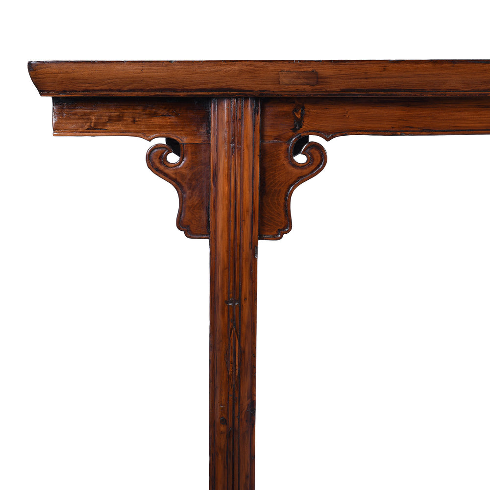 Corner Detail From Cypress Altar Table From Jiangsu Nineteenth Century With Cloud Form Spandrels And Warm Patinated Finish