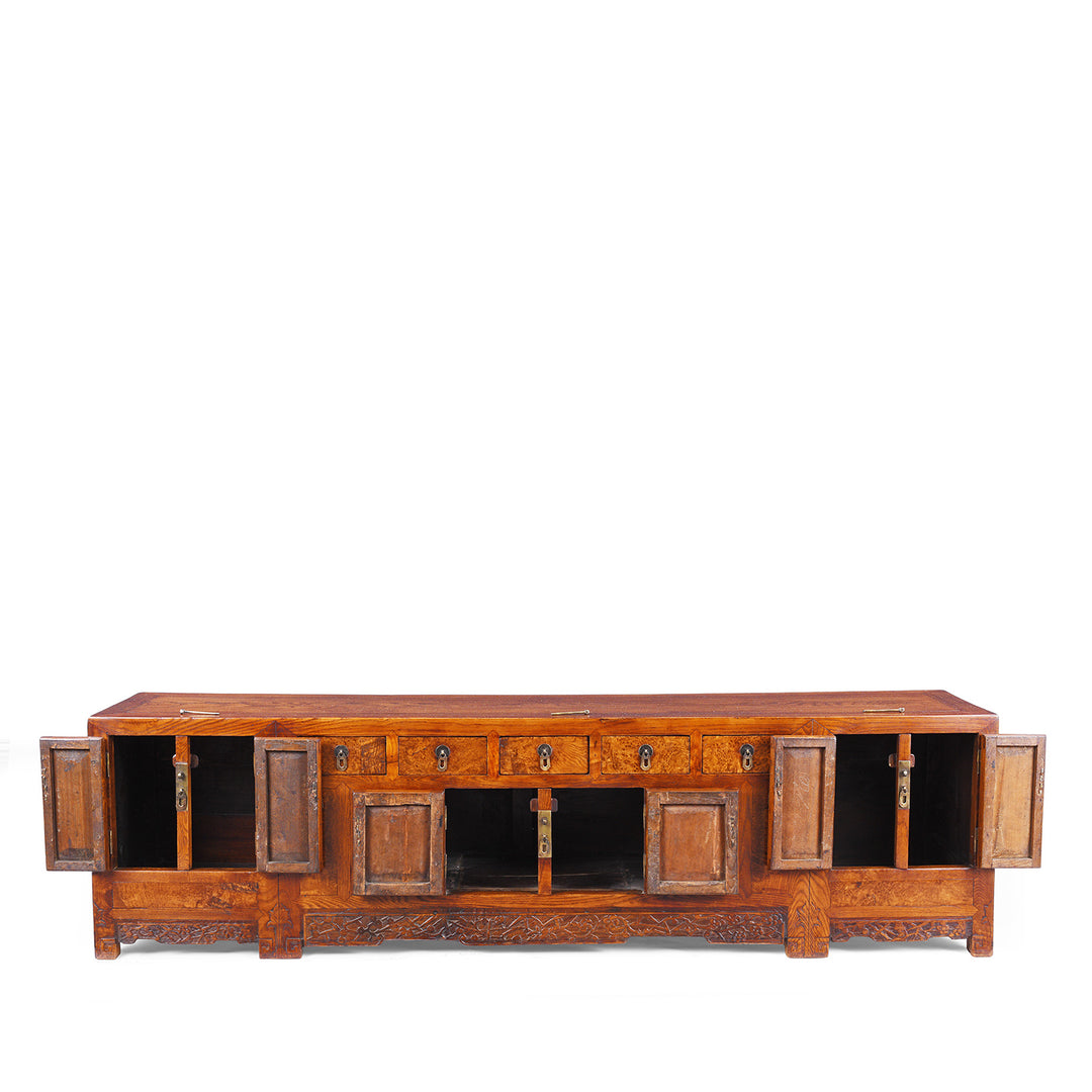 Open Doors VIew Of Antique Chinese Burr Elm Kang Cabinet | Indigo Antiques