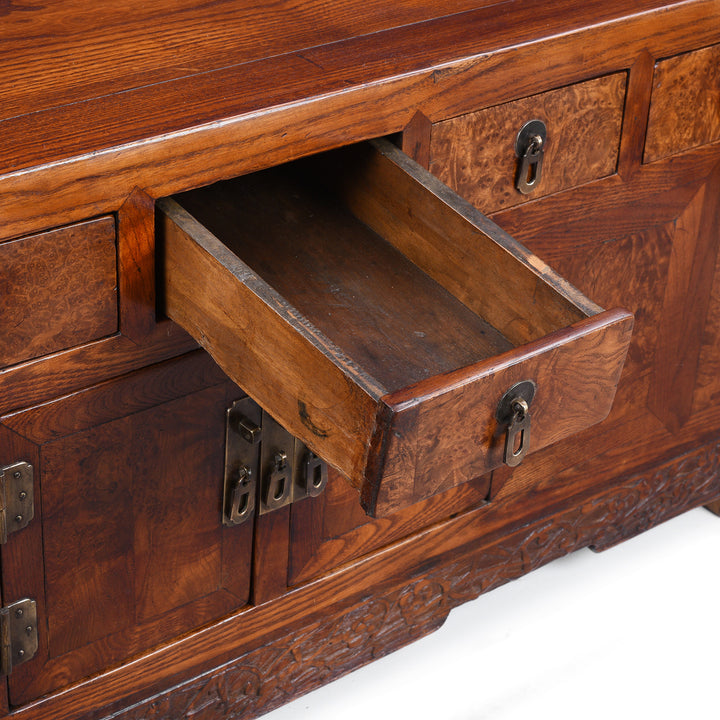 Drawer Detail From Antique Chinese Burr Elm Kang Cabinet | Indigo Antiques
