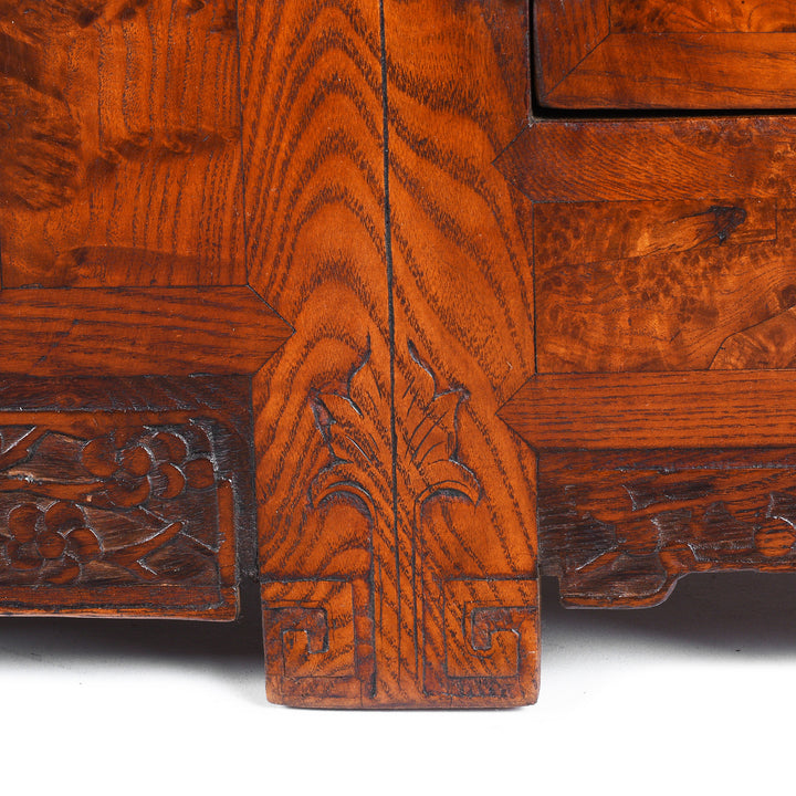 Leg Carving Detail From Antique Chinese Burr Elm Kang Cabinet | Indigo Antiques