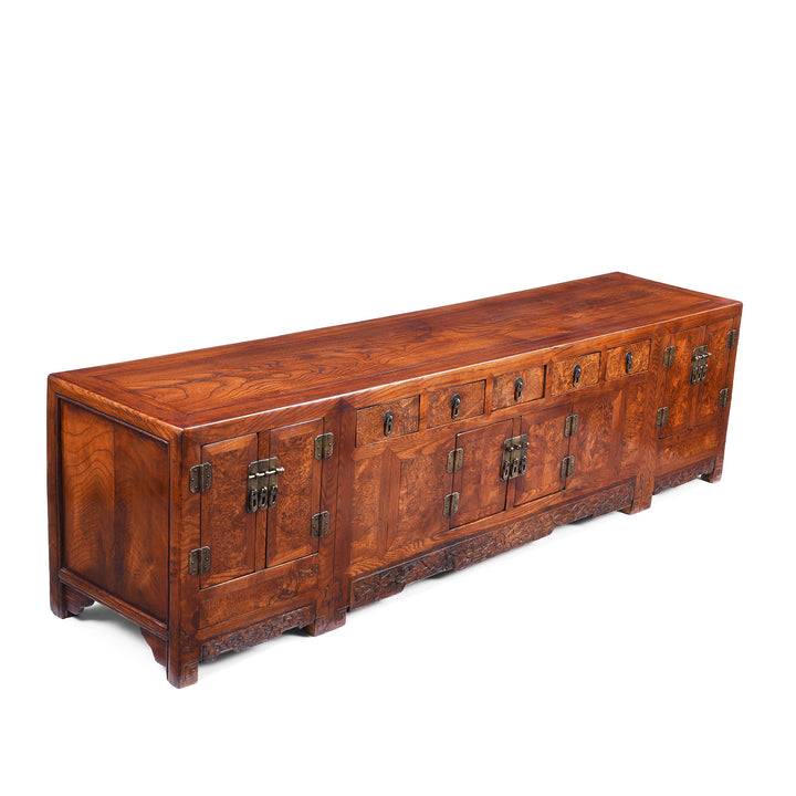 Angled View Of Antique Chinese Burr Elm Kang Cabinet | Indigo Antiques
