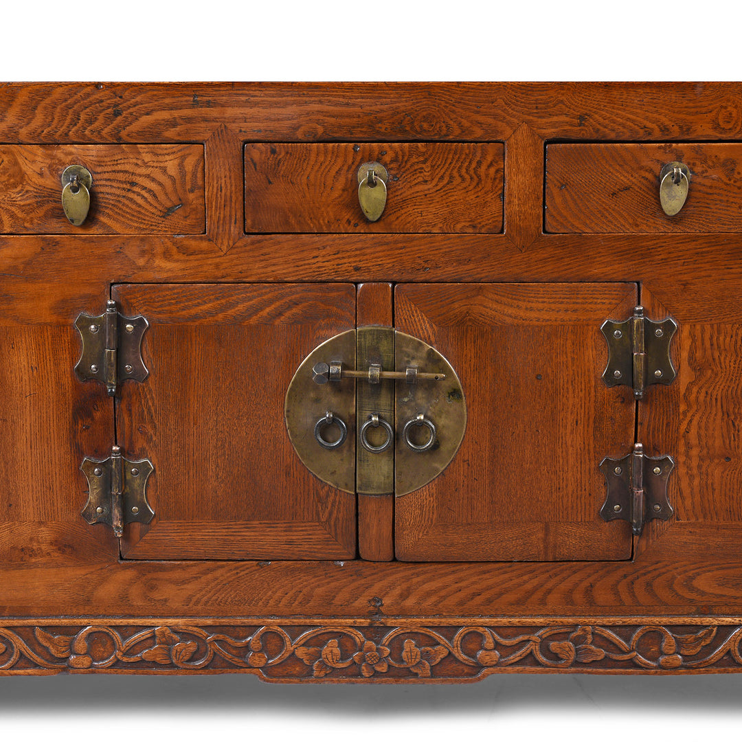 Central Doors Detail From Nineteenth Century Burr Elm Chinese Kang Cabinet With Drawers Brass Hardware And Carved Apron
