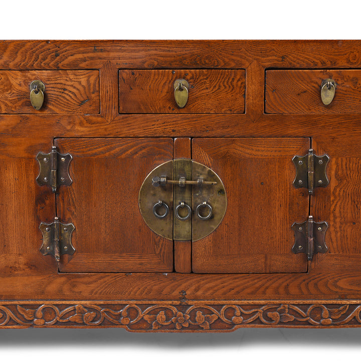 Central Doors Detail From Nineteenth Century Burr Elm Chinese Kang Cabinet With Drawers Brass Hardware And Carved Apron