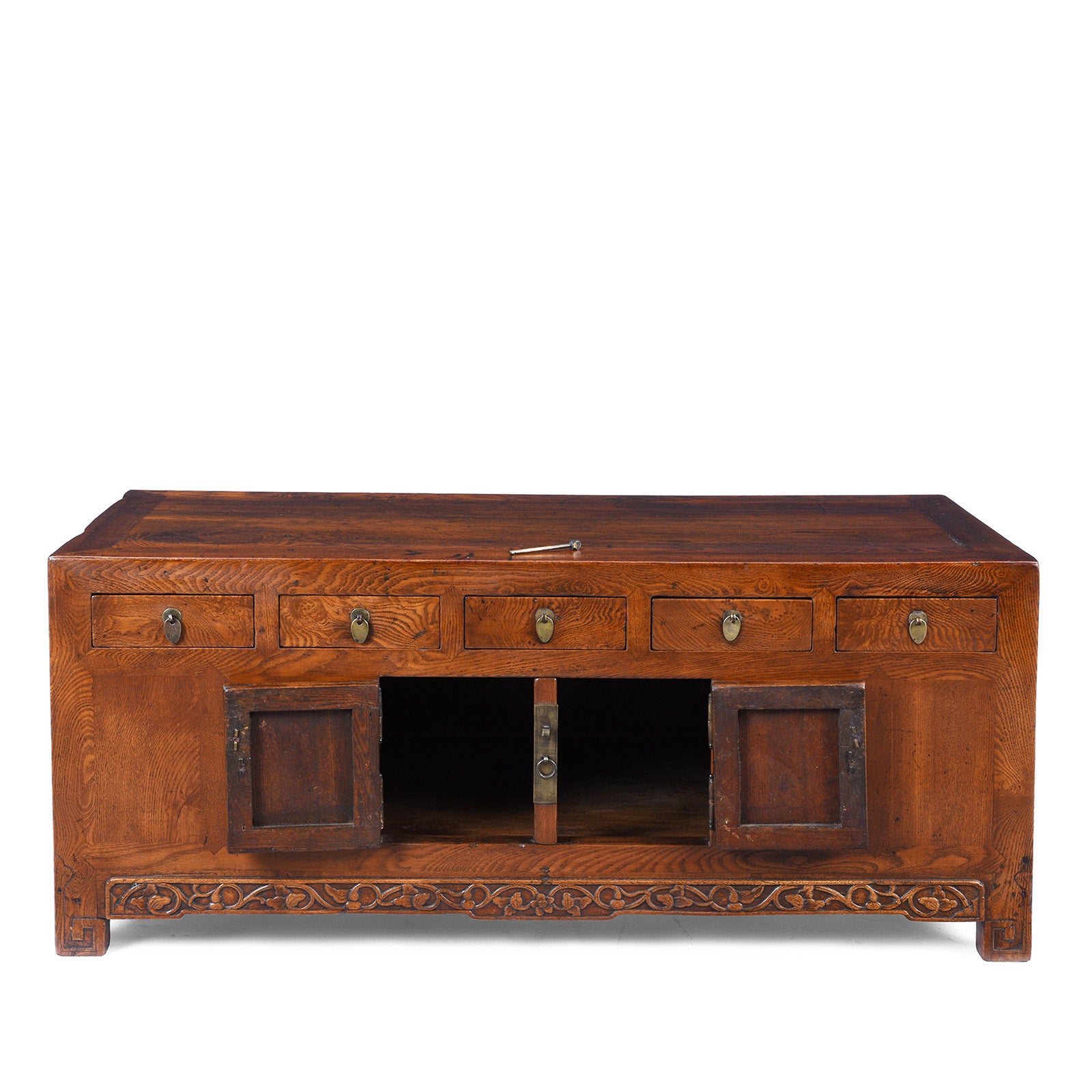 Open Doors View Of Nineteenth Century Burr Elm Chinese Kang Cabinet With Drawers Brass Hardware And Carved Apron