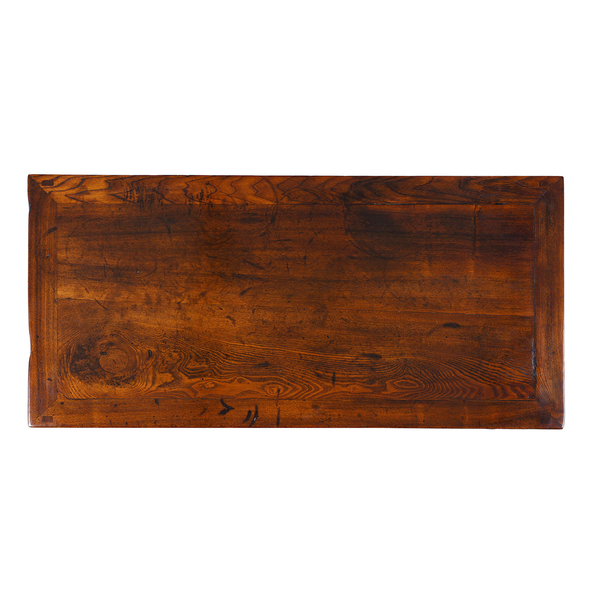 Top Down View Of Nineteenth Century Burr Elm Chinese Kang Cabinet With Drawers Brass Hardware And Carved Apron
