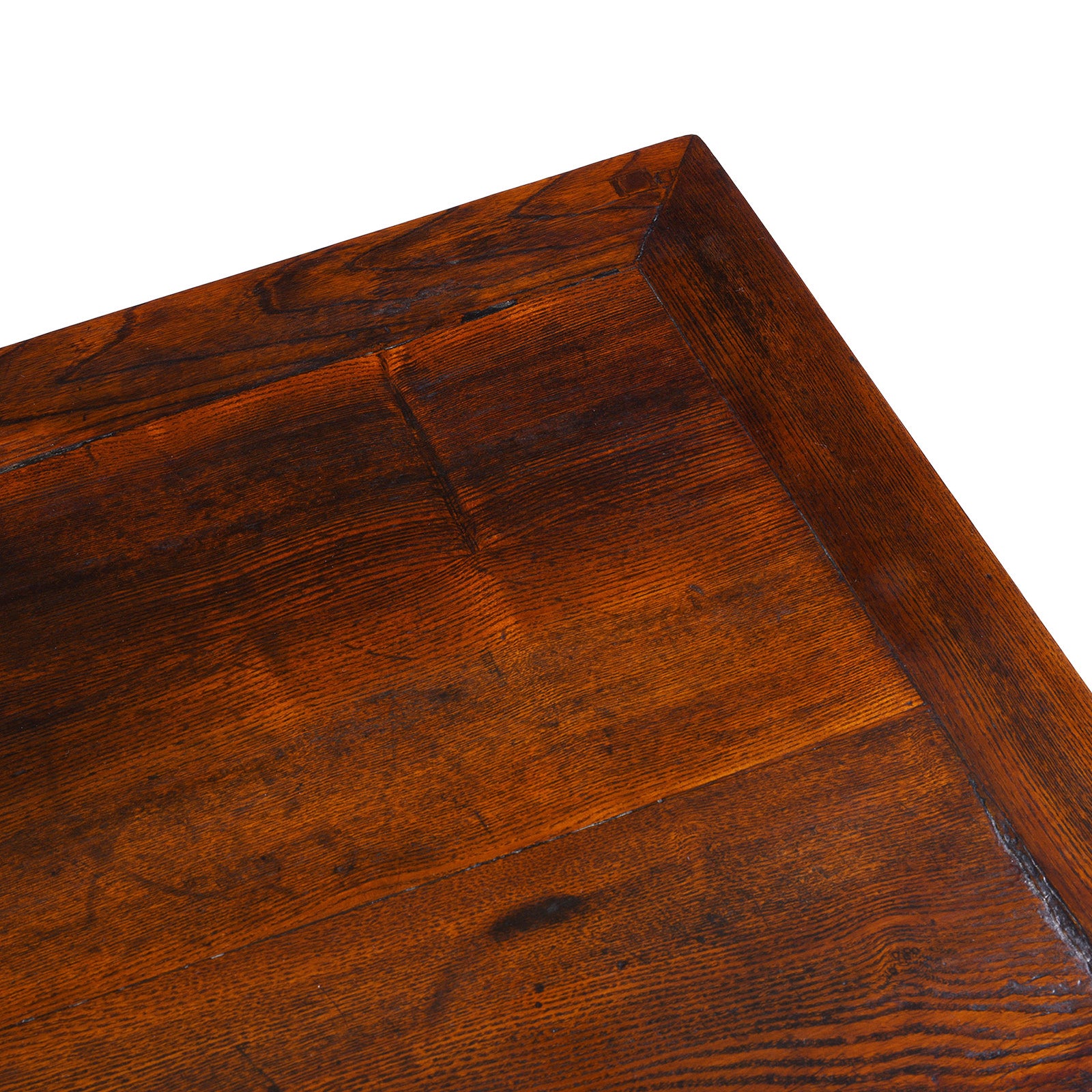 Detail From Top Of Nineteenth Century Burr Elm Chinese Kang Cabinet With Drawers Brass Hardware And Carved Apron