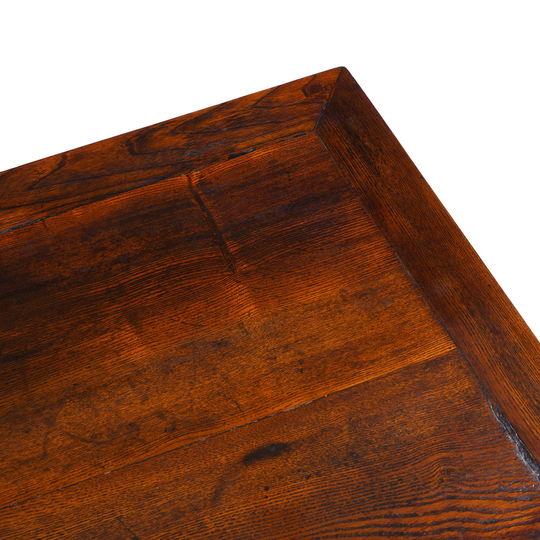 Detail From Top Of Nineteenth Century Burr Elm Chinese Kang Cabinet With Drawers Brass Hardware And Carved Apron