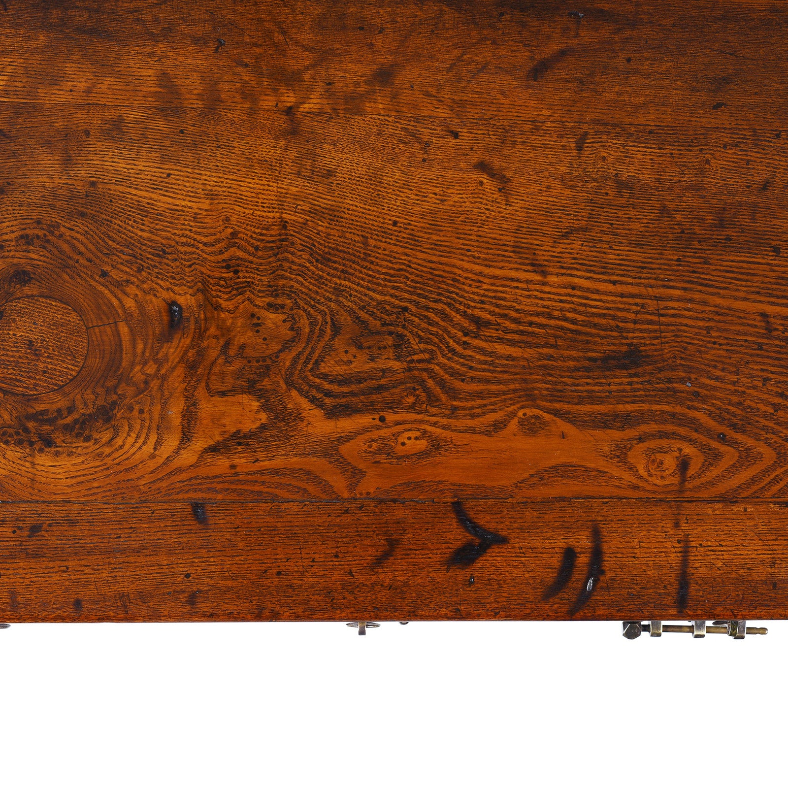 Top Down VIew Detail From Nineteenth Century Burr Elm Chinese Kang Cabinet With Drawers Brass Hardware And Carved Apron