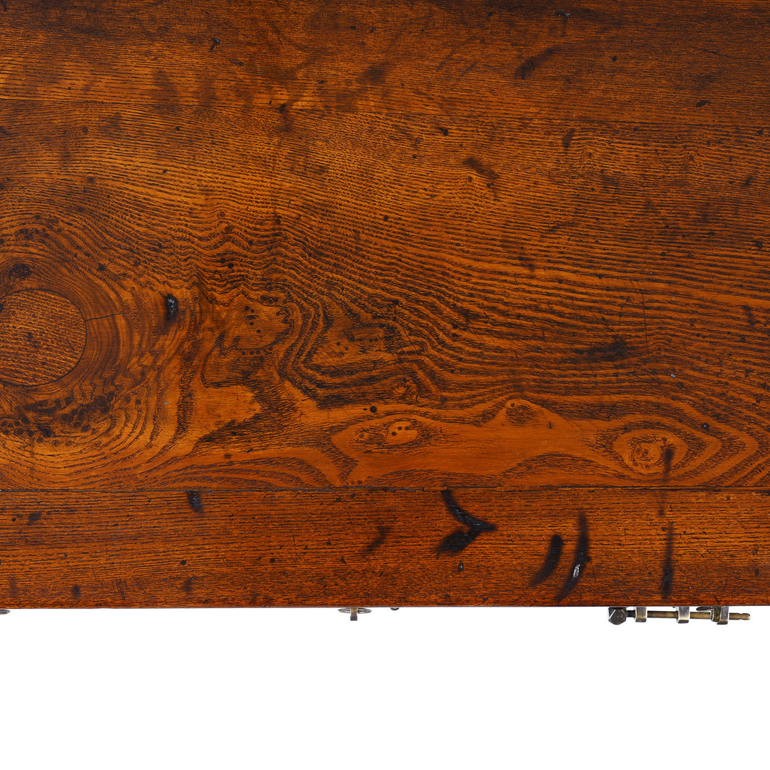 Top Down VIew Detail From Nineteenth Century Burr Elm Chinese Kang Cabinet With Drawers Brass Hardware And Carved Apron