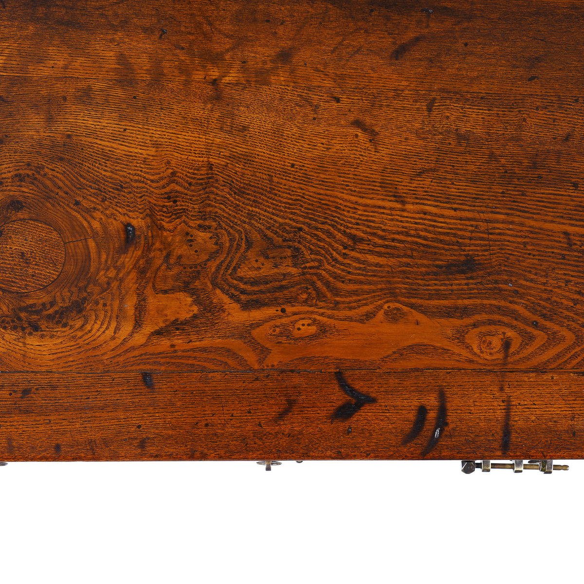 Top Down VIew Detail From Nineteenth Century Burr Elm Chinese Kang Cabinet With Drawers Brass Hardware And Carved Apron