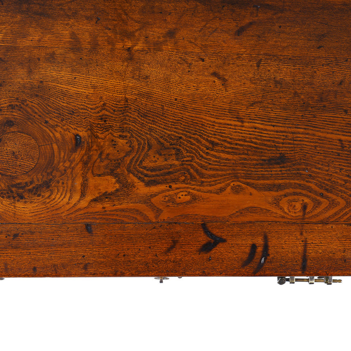 Top Down VIew Detail From Nineteenth Century Burr Elm Chinese Kang Cabinet With Drawers Brass Hardware And Carved Apron